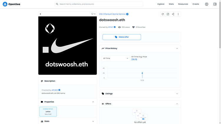 Nike sở hữu ENS dotswoosh.eth với giá 19,72 ETH