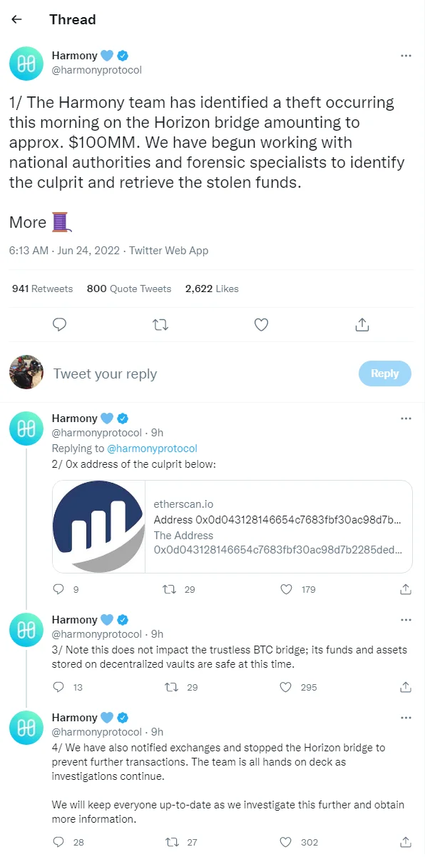 Harmony xác nhận Horizon bị hack trên Twitter