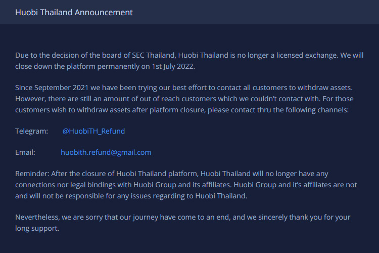 Thông báo ngừng hoạt động trên trang chủ Huobi Thái Lan