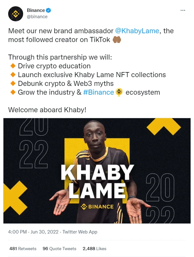 TikToker KhabyLame trở thành đại sứ thương hiệu của Binance