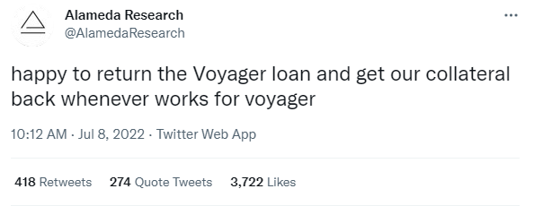 Alameda Research tuyên bố sẵn sàng trả nợ cho Voyager