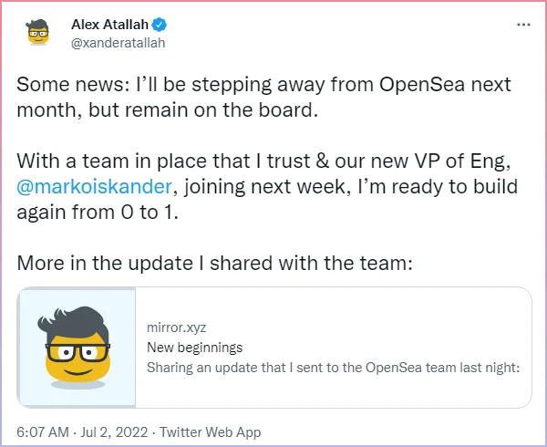 Đồng sáng lập OpenSea thông báo rời khởi công ty từ tháng 08/2022
