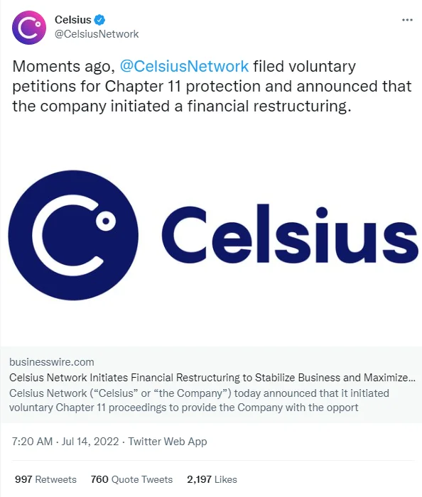 Celsius Network nộp đơn xin bảo hộ phá sản