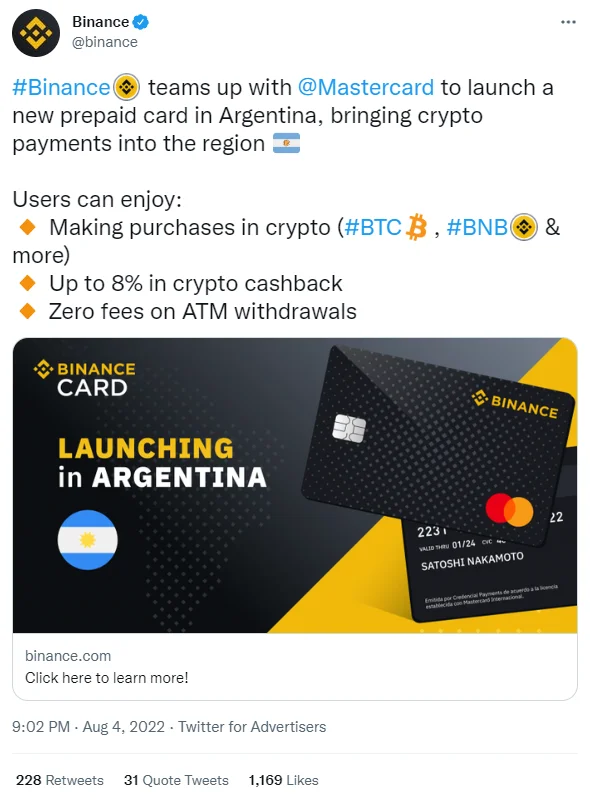 Binance ra mắt Binance Card ở Argentina