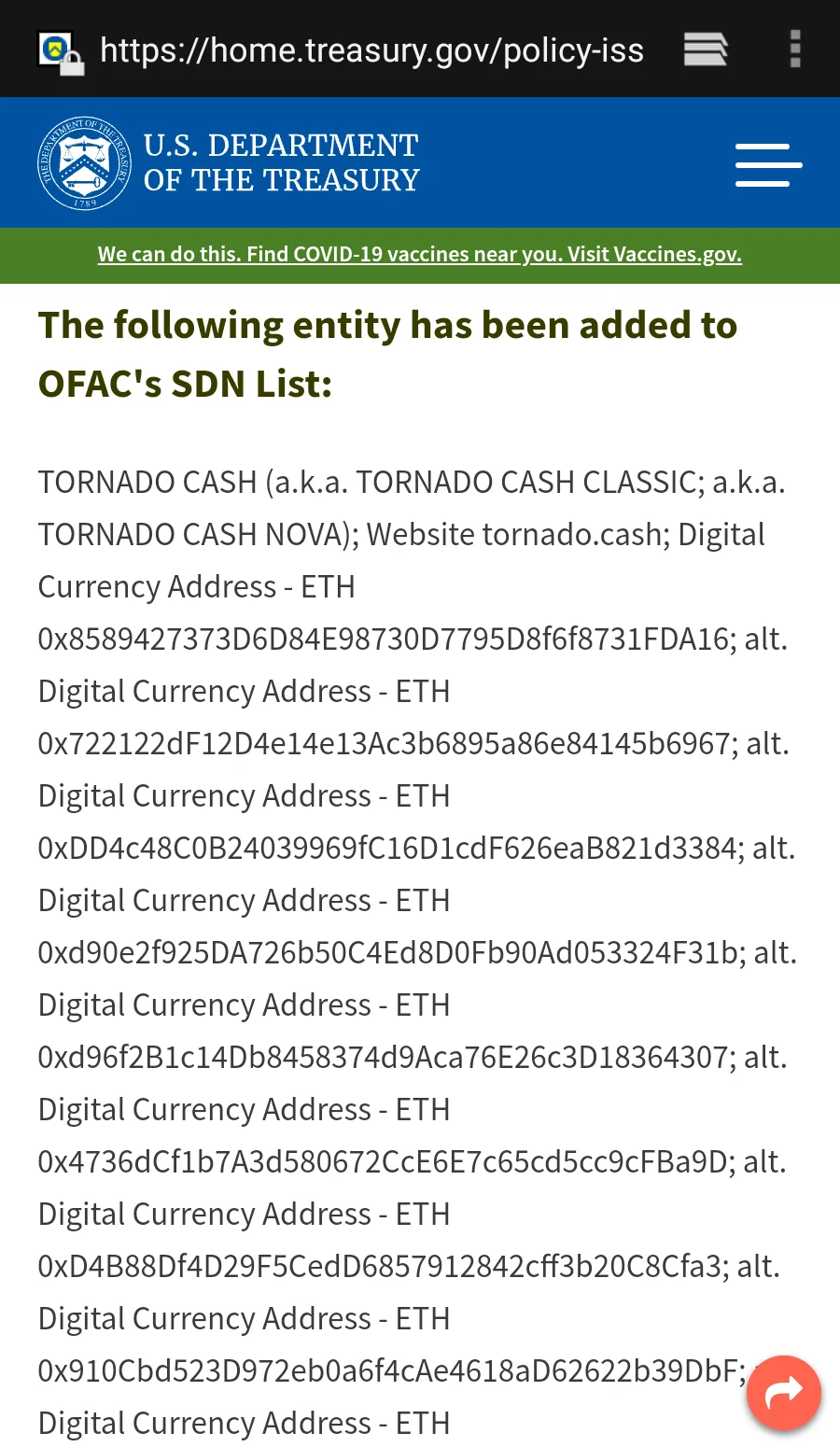 Bộ Ngân khố Hoa Kỳ đưa Tornado Cash vào sổ đen