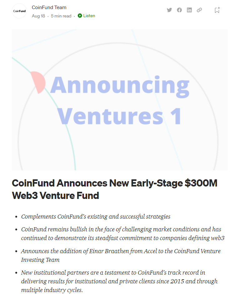 Công ty đầu tư crypto CoinFund thành lập quỹ đầu tư Web3 trị giá 300 triệu USD