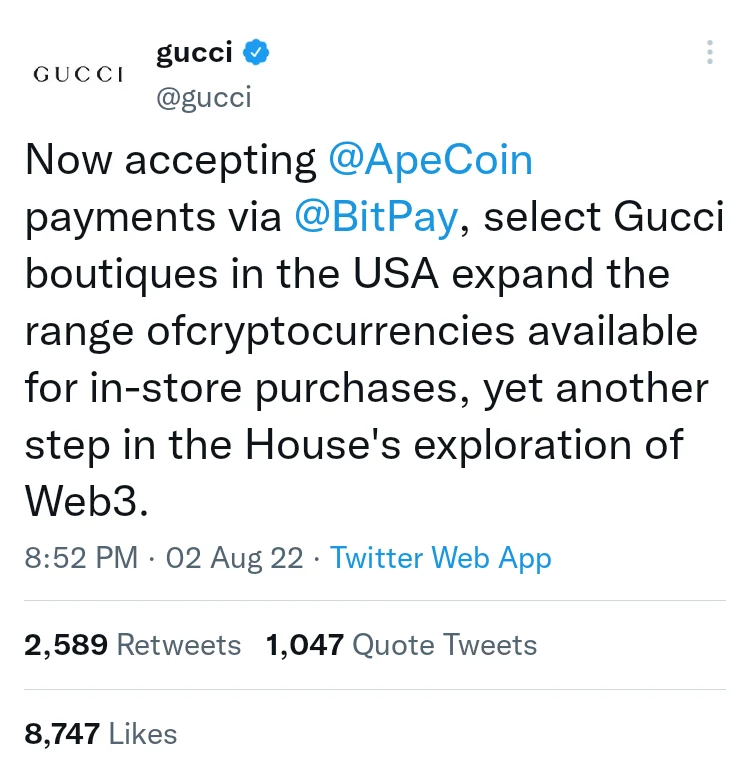 Gucci chấp nhận thanh toán bằng ApeCoin (APE)