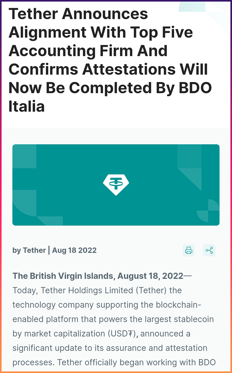 Tether công bố hợp tác với Big 5 kiểm toán DBO Italia