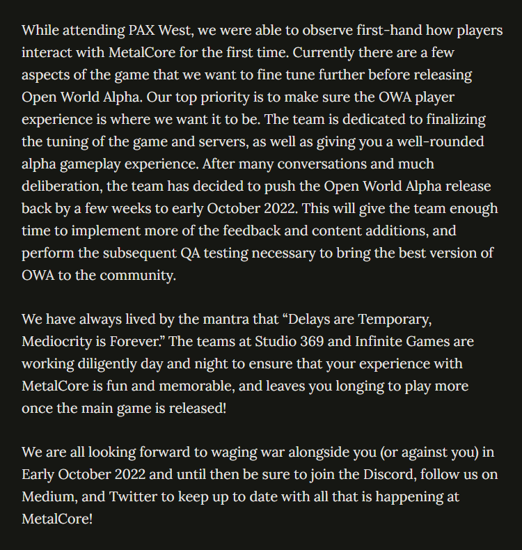 MetalCore dời ngày ra mắt Open World Alpha