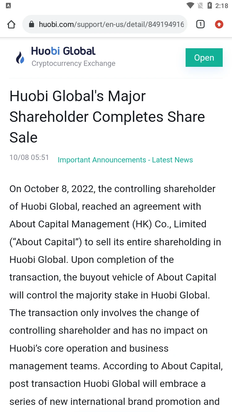 About Capital Management trở thành cổ đông kiểm soát của Huobi Global