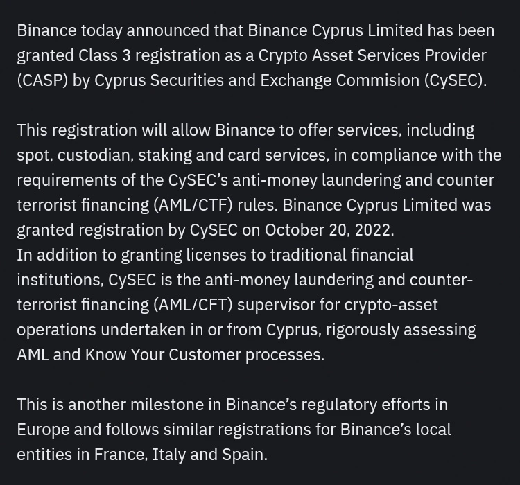 Binance nhận giấy phép hoạt động tại Cộng hòa Síp (Cyprus)
