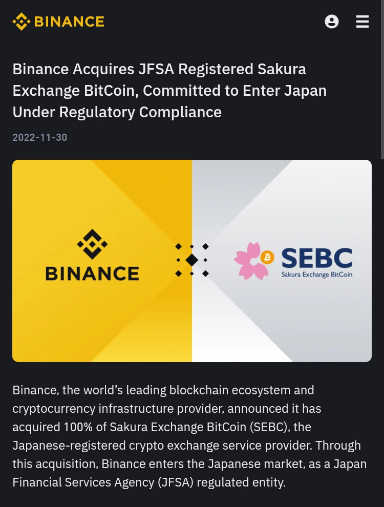 Binance thâu tóm sàn giao dịch crypto Sakura Exchange BitCoin