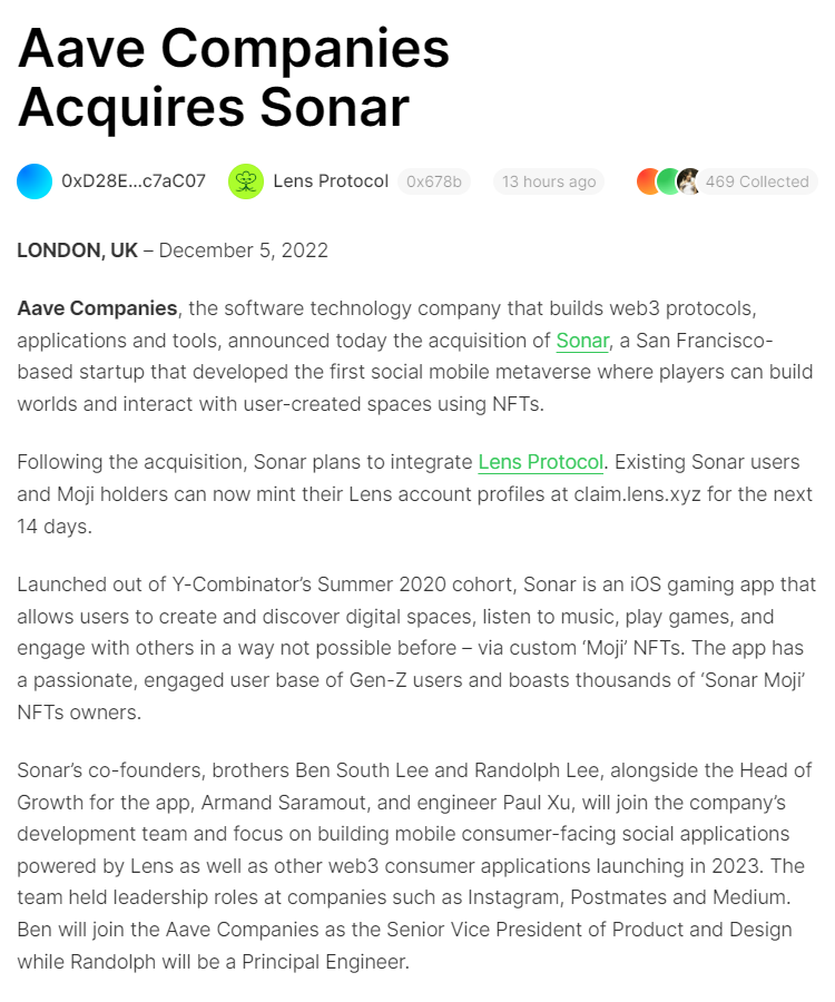 Aave Companies thâu tóm Sonar để mở rộng Lens Protocol