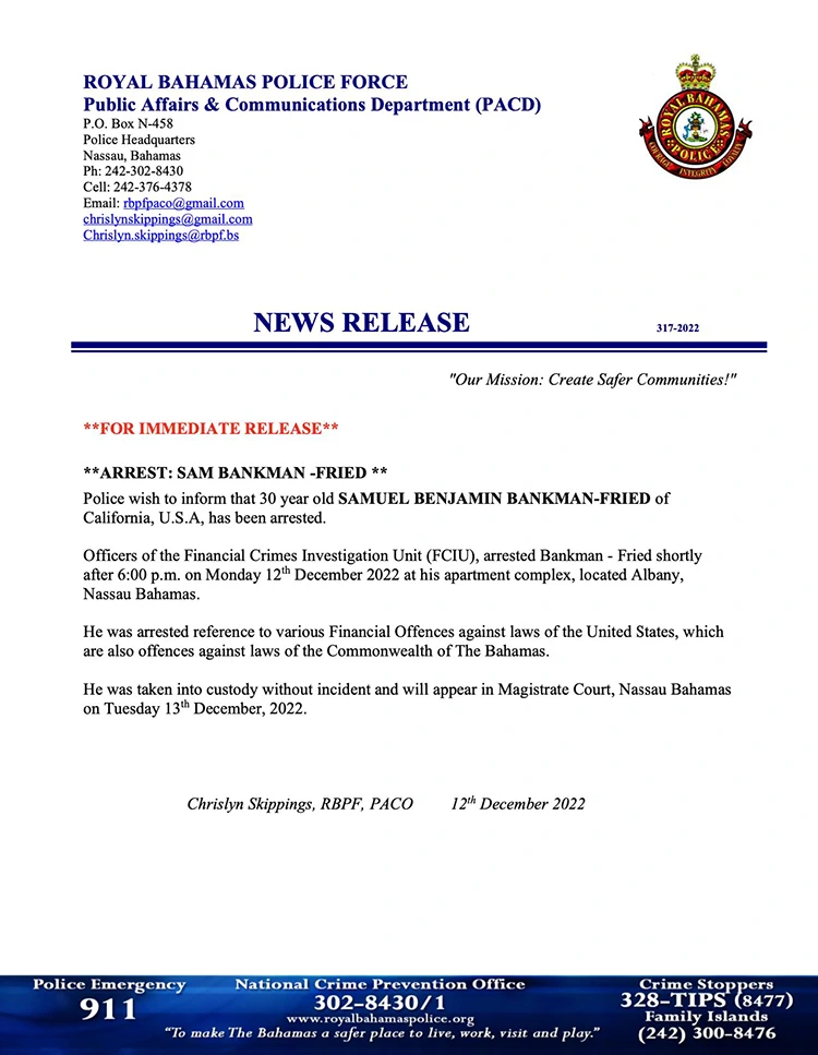 Thông báo của Cảnh sát Hoàng gia Bahamas
