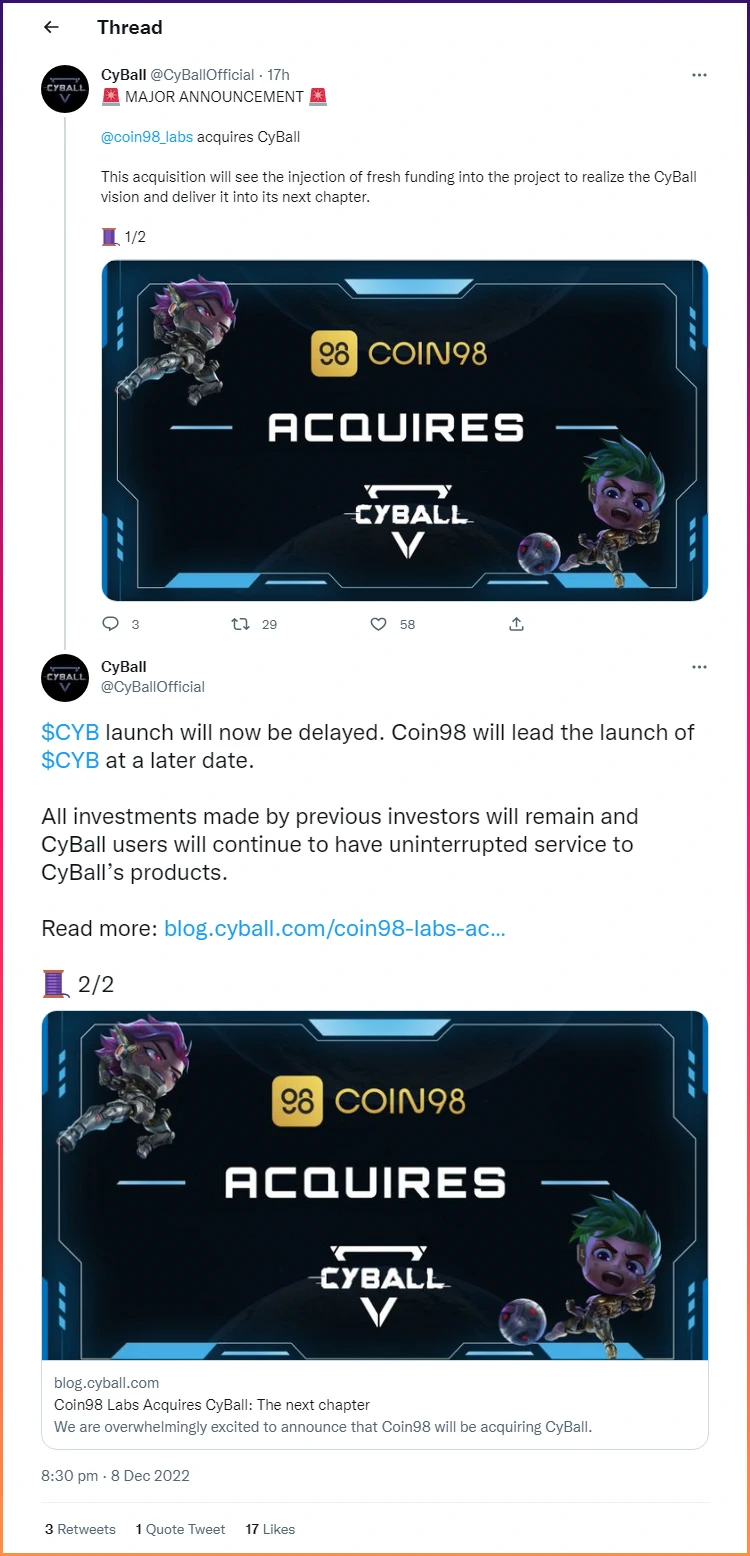 Coin98 Labs mua lại game blockchain CyBall