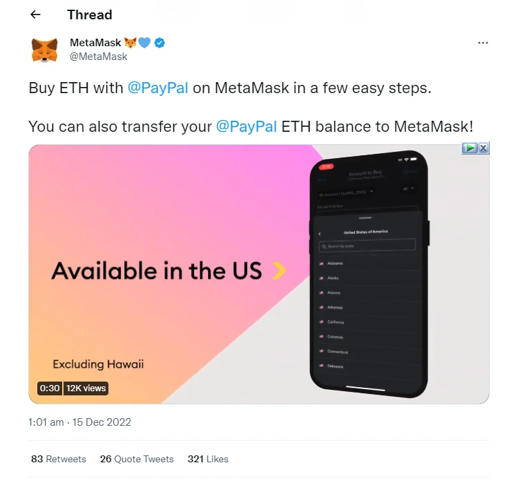 Người dùng MetaMask tại Mỹ có thể mua ETH qua PayPal