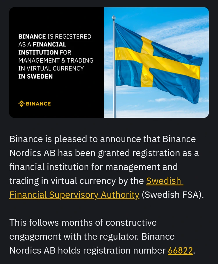 Thụy Điển cấp phép hoạt động cho Binance Nordics AB
