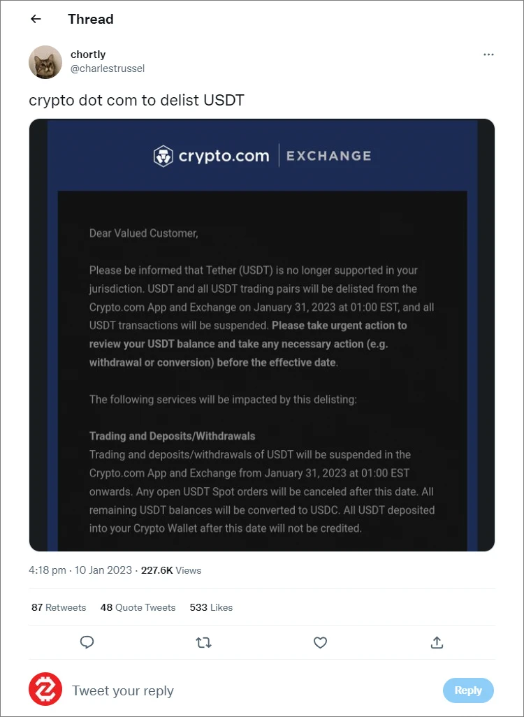 Crypto.com hủy niêm yết USDT tại Canada