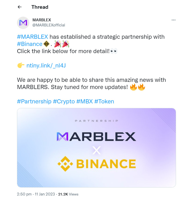 MarbleX và Binance ký thỏa thuận hợp tác chiến lược