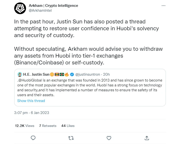 Arkham Intelligence cũng khuyên người dùng Huobi nên rút tài sản của họ về các sàn lớn (Binance/Coinbase) hoặc ví tự quản lý