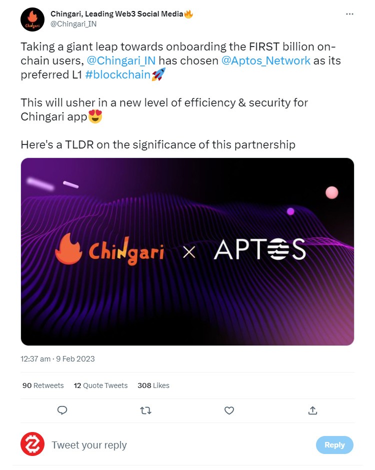 Chingari sắp có mặt trên blockchain Aptos