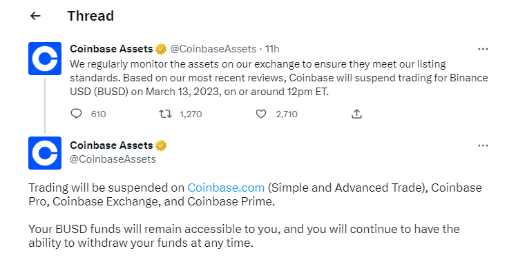 Coinbase ngừng giao dịch Binance USD từ 13/03