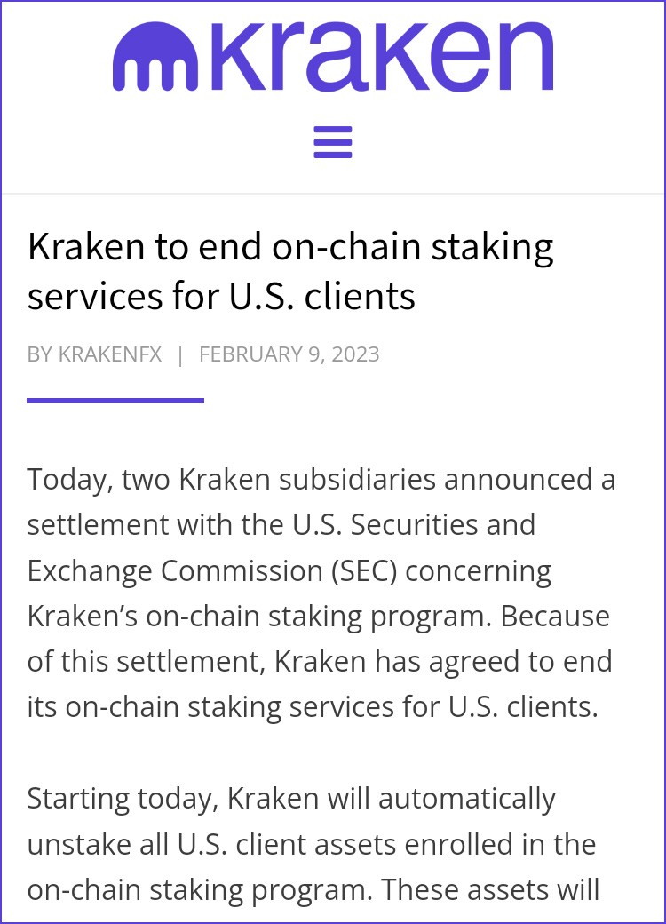 Kraken ngừng dịch vụ crypto staking tại Hoa Kỳ