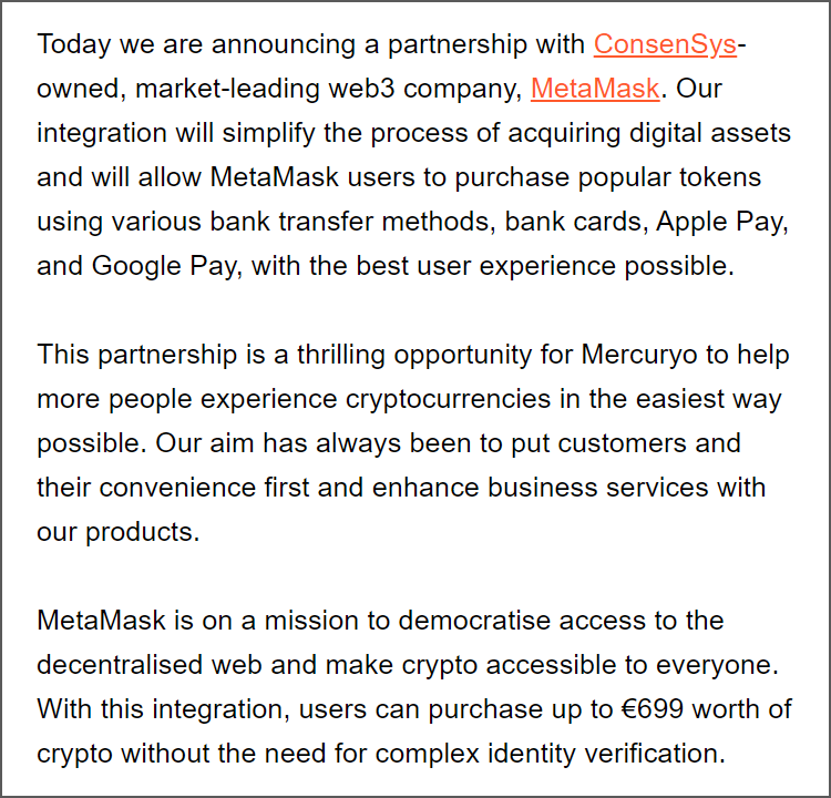 MetaMask và Mercuryo công bố hợp tác chiến lược
