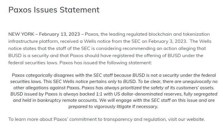 Paxos cho rằng BUSD không phải là chứng khoán theo Luật Chứng khoán Liên bang Hoa Kỳ vì stablecoin này được dự trữ 1:1 bằng đô la Mỹ và được tách biệt hoàn toàn trong những tài khoản riêng