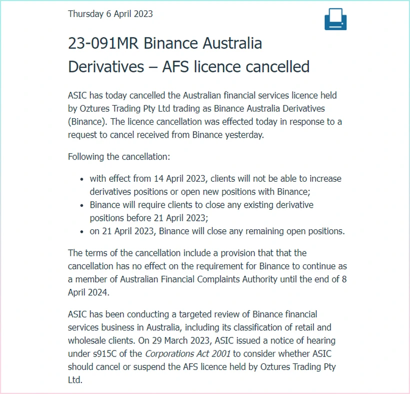 Binance hủy giấy phép giao dịch phái sinh tại Australia