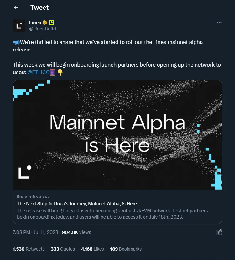 Linea công bố ra mắt Mainnet Alpha vào ngày 18/07