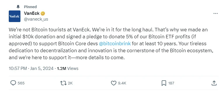 VanEck sẽ quyên góp 5% lợi nhuận cho Bitcoin Core dev