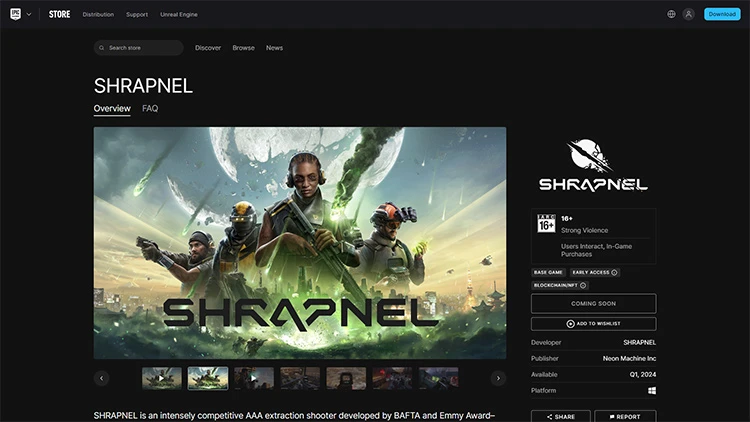 Trang giới thiệu Shrapnel  trên Epic Games Store